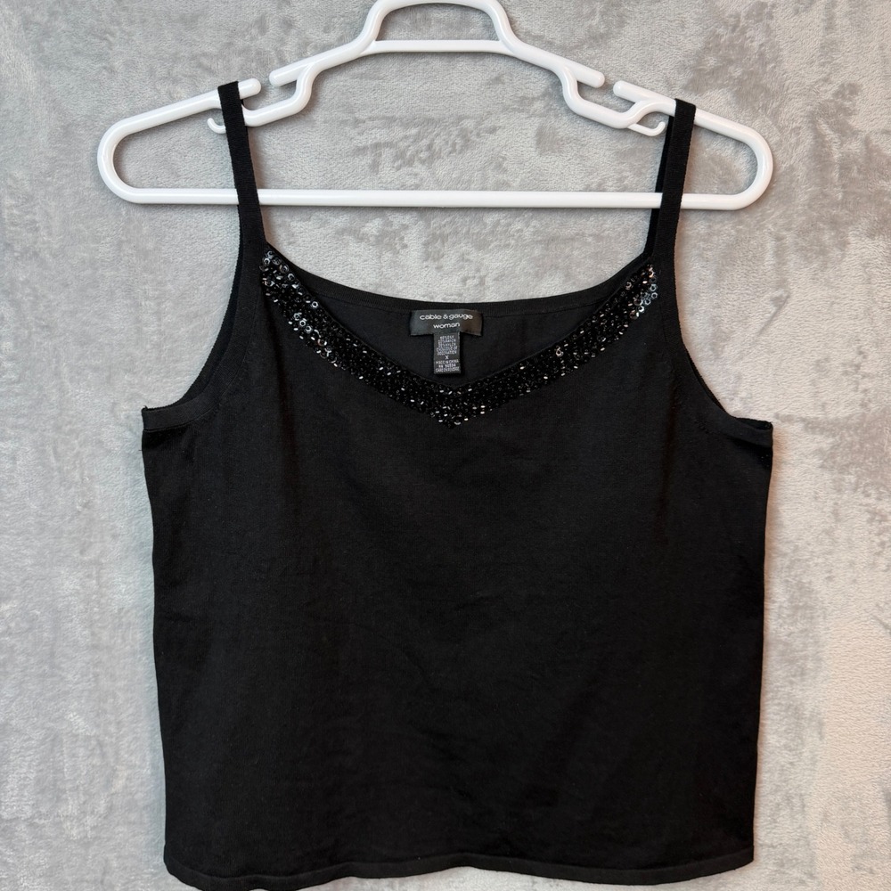 Cable & Gauge Tank Top Womens L Black Sequin V-Neck Silk Blend Knit Cami Shell